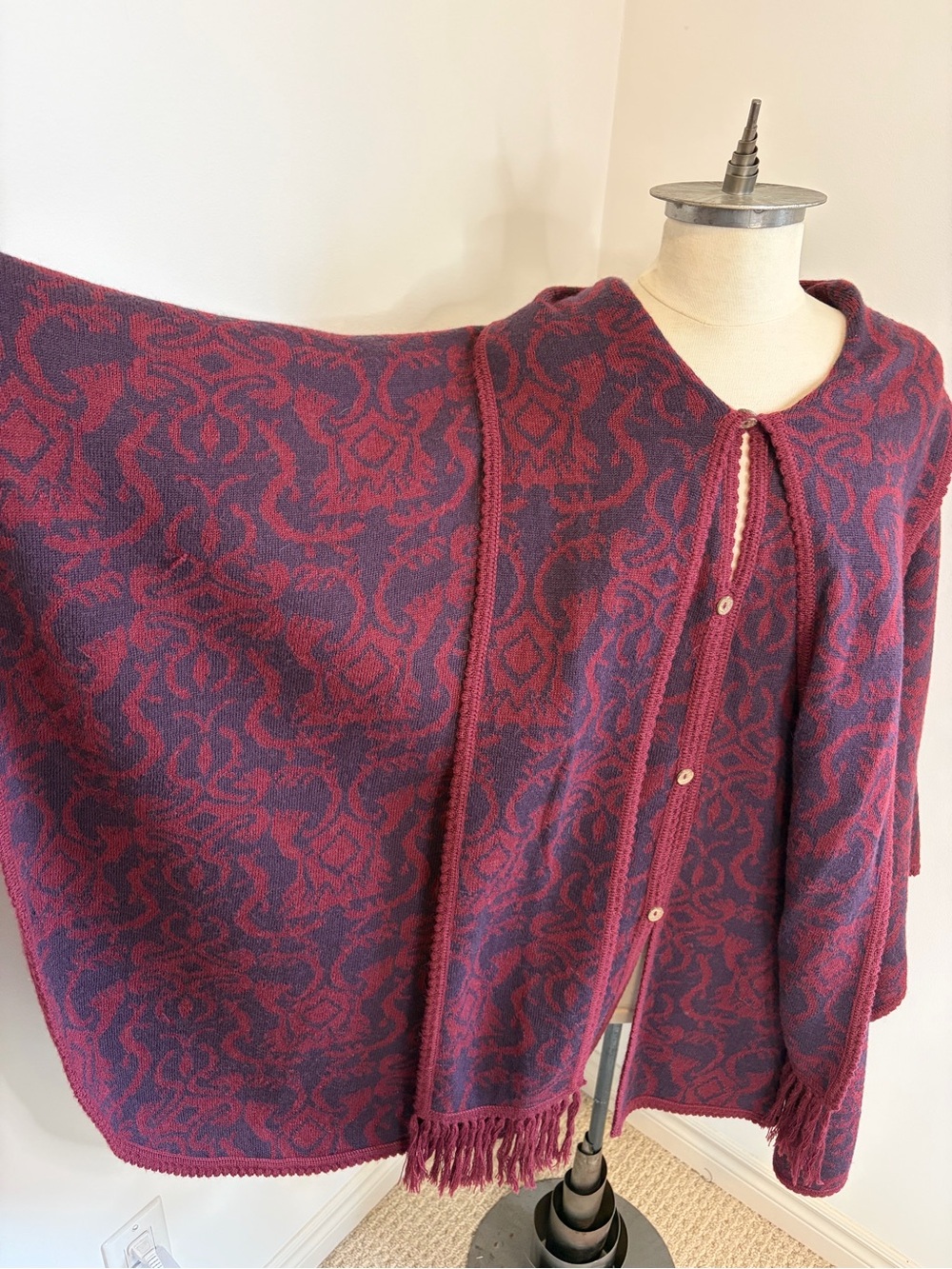 NOVICA COLLECTION Alpaca Wool Knit Damask Poncho Cape with Attached Scarf
